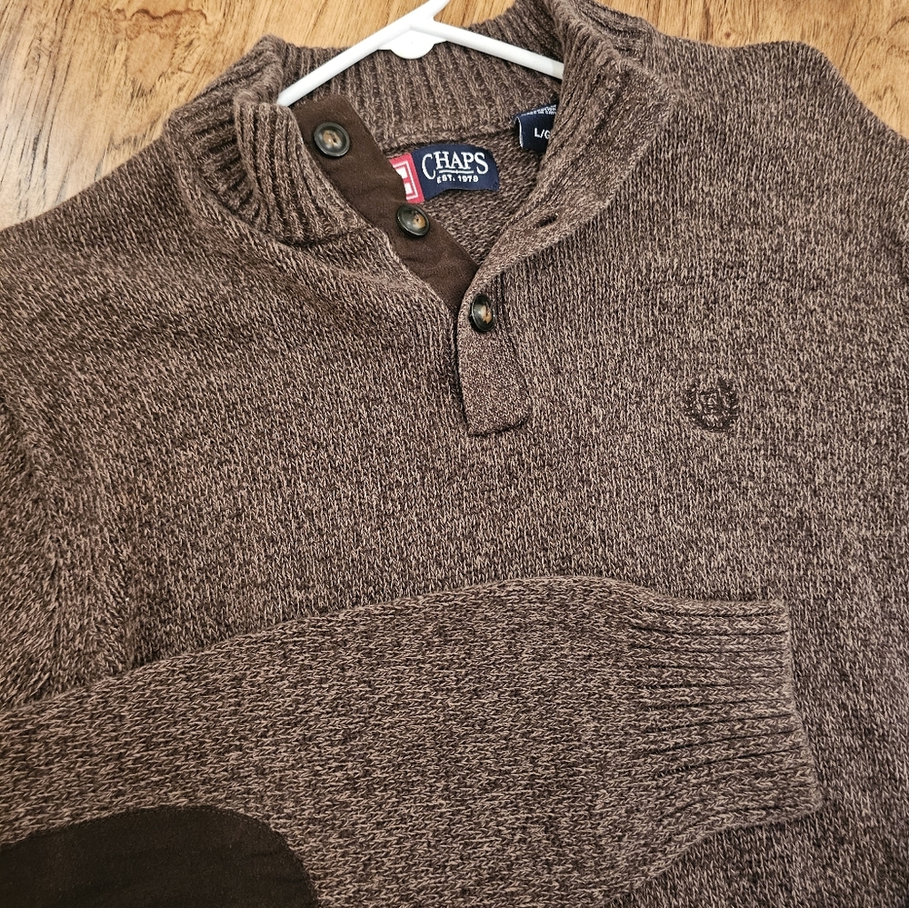 Chaps Large Brown Button Up Neck Long Sleeve Sweater with Elbow Patch Men - Picture 5 of 5